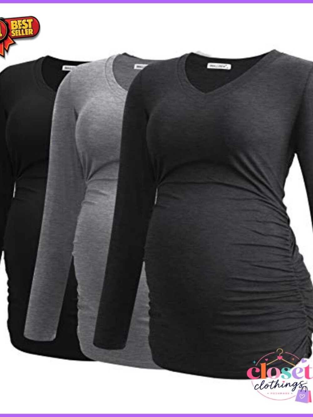 Smallshow Women's V-Neck Maternity Long Sleeve Ruched Pregnancy Top